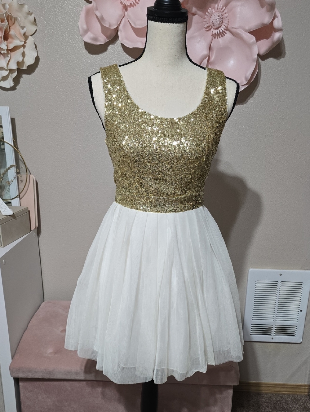 B Darlin Gold Sequin Bodice White Tulle Party Dress